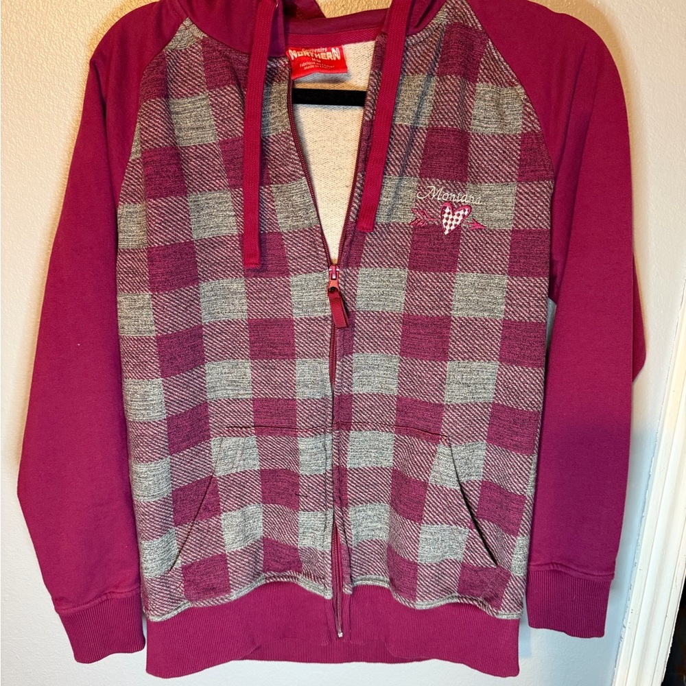 Women's Burgundy and Gray Checkered Hoodie